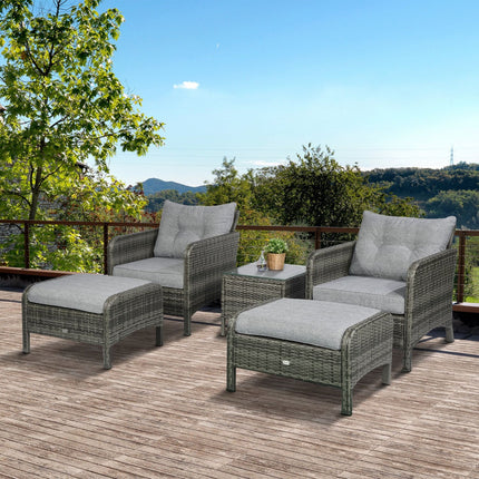 5-Piece Gray Rattan Wicker Lounge Chair Set Outdoor Patio Conversation with Cushions Chairs Ottomans & Glass Table, Outsunny, 1