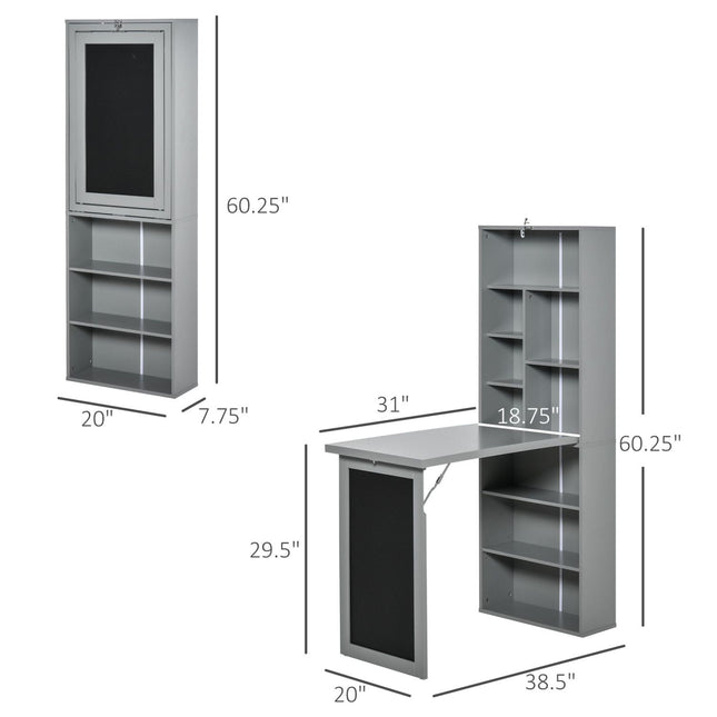 Wall Mounted Table Foldable Desk With Blackboard And Side Shelf, Multi-Function Computer Office Workstation, Gray, HOMCOM, 2