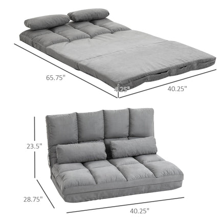 Folding Upholstered Couch Bed Gray Convertible Floor Sofa Chair Metal Frame Pillows, HOMCOM, 2