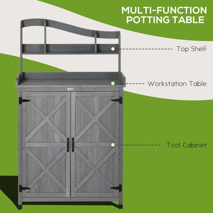 Wooden Outdoor Storage Cabinet with Potting Bench Grey Gardening Table with Patio Storage and Magnetic Doors, Outsunny, 3