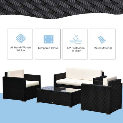 4-Piece Rattan Wicker Furniture Set, Outdoor Cushioned Conversation Furniture with 2 Chairs, Black, Outsunny, 3