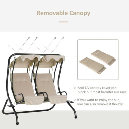 Patio Swing Chair 2-Seater with Cup Holder Beige Modern Outdoor Porch Seats Removable Canopy, Outsunny