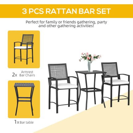 3-Piece Patio Bar Set, Rattan Wicker Outdoor Furniture with Soft Cushions for Backyards, Lawn, Deck, Poolside, Outsunny, 3