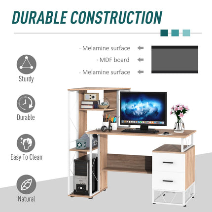 52inch Storage Computer Desk Multi Level Tower with Drawers White, HOMCOM