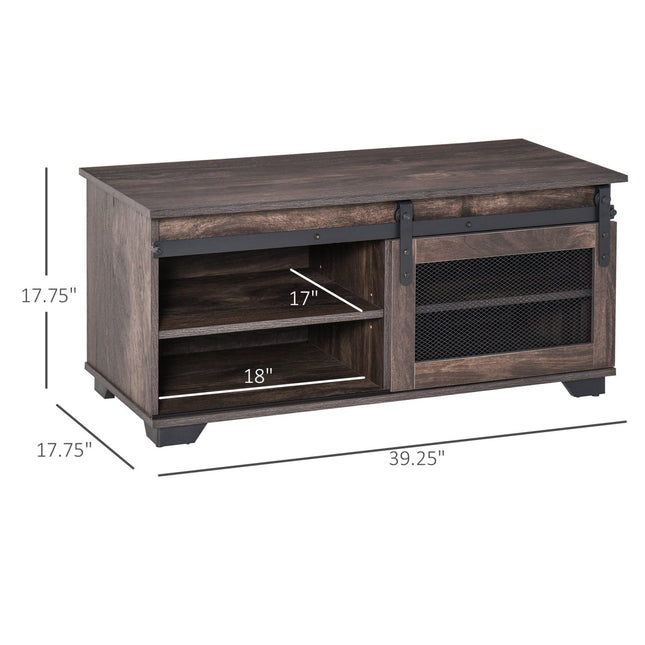 Coffee Table Farmhouse Dark Brown Sliding Mesh Barn Door Storage Living Room, HOMCOM, 2