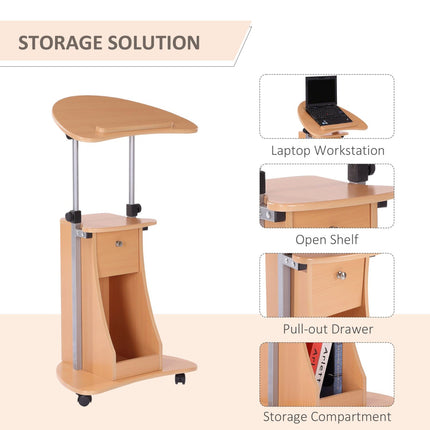 Sit-to-Stand Mobile Laptop Cart with Drawer Height Adjustable Beech Wood, HOMCOM, 4