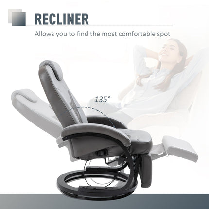 PU Recliner Reading Armchair with Footrest, Swivel Lounge Chair with Headrest, Wood Base Gray, HOMCOM, 3