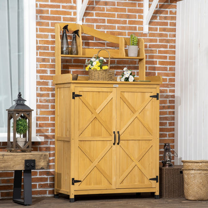 Outdoor Storage Cabinet & Potting Table, Wooden Gardening Bench with Patio Cabinet and Magnetic Doors, Yellow, Outsunny, 1