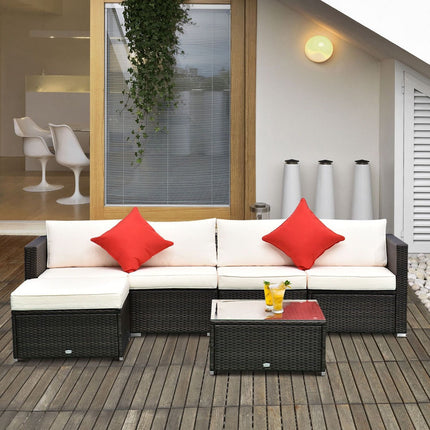 6-Piece White Rattan Couch Set, Outdoor Patio Wicker Furniture with Removable Cushions & Glass Coffee Table, Outsunny, 1