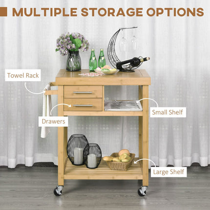 Rolling Kitchen Island Cart Vintage Natural with Wheels Drawers Kitchen Utility Cart for Dining Room, HOMCOM, 3