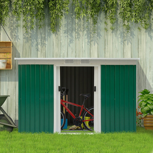 Rust Resistant Metal Garden Shed, 9x4.5x5.5 inch, Vented, Green/White, Perfect for Backyard Lawn Tool Storage, Outsunny, 1