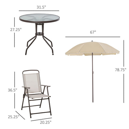 Patio Dining Set, 6 Piece with Umbrella, Folding Chairs & Glass Table, Outdoor Meal - Beige, Outsunny, 2