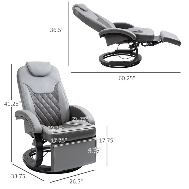 PU Recliner Reading Armchair with Footrest, Swivel Lounge Chair with Headrest, Wood Base Gray, HOMCOM, 2