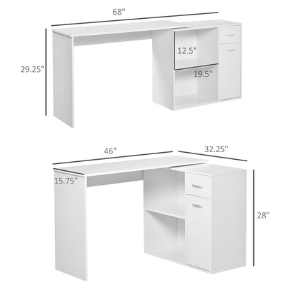 L-Shaped White Computer Desk with Rotating Shelves and Drawer Home Office Workstation, HOMCOM, 2