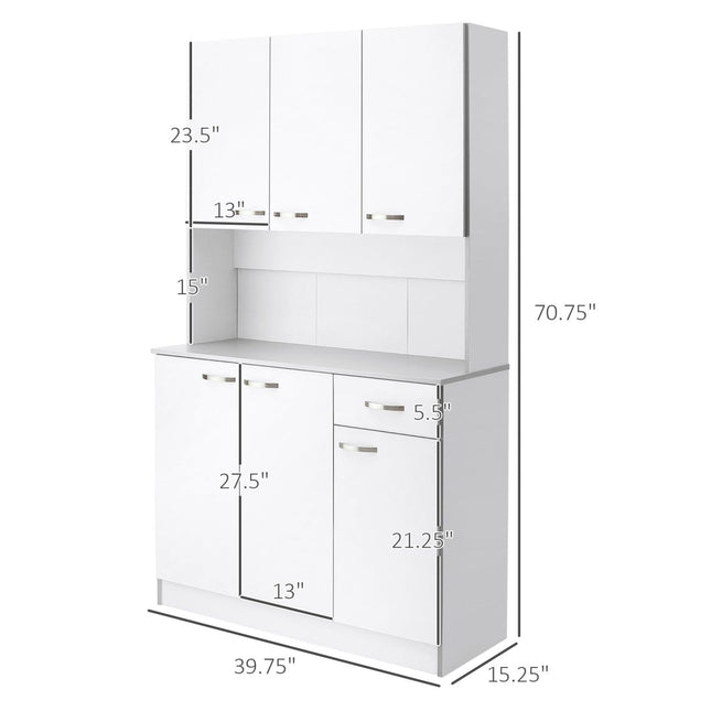 Freestanding White Kitchen Buffet with Hutch 71inch Storage Cabinets 6 Doors 3 Adjustable Shelves Drawer, HOMCOM, 2