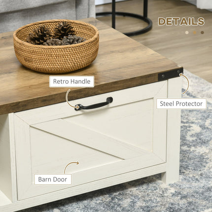 Farmhouse Coffee Table Drawer Storage Open Shelf White Oak for Modern Living Room, HOMCOM