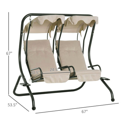 Patio Swing Chair 2-Seater with Cup Holder Beige Modern Outdoor Porch Seats Removable Canopy, Outsunny, 2