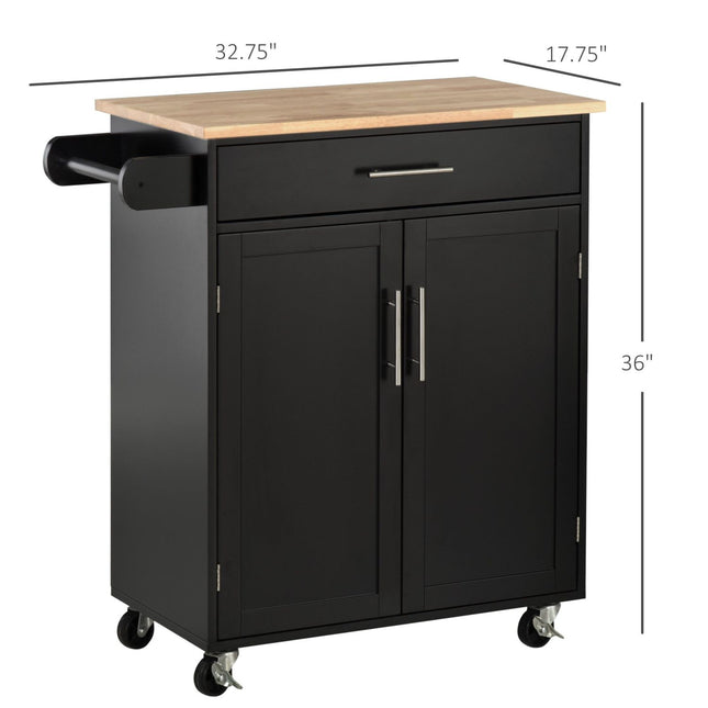 Portable Kitchen Storage Trolley Black with Magnetic Door Catch, Rubberwood Top on Wheels, HOMCOM, 2