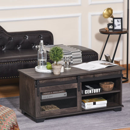 Coffee Table Farmhouse Dark Brown Sliding Mesh Barn Door Storage Living Room, HOMCOM