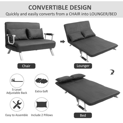 Convertible Chair Bed 5 Position Adjustable Sleeper Armchair with Pillows Dark Grey, HOMCOM, 3