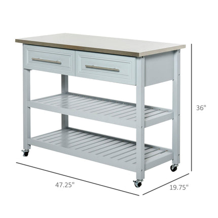 , 1Utility Trolley Cart Gray with 2 Drawers Stainless Steel Top Rolling Kitchen Island, HOMCOM