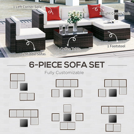 6-Piece White Rattan Couch Set, Outdoor Patio Wicker Furniture with Removable Cushions & Glass Coffee Table, Outsunny, 3