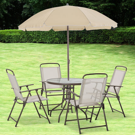 Patio Dining Set, 6 Piece with Umbrella, Folding Chairs & Glass Table, Outdoor Meal - Beige, Outsunny, 1