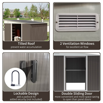 Metal Garden Shed 11x9 ft Outdoor Storage with Sliding Doors & Air Vents, Gray, Outsunny, 4