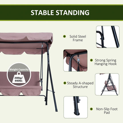 3-Seat Outdoor Porch Swing, with Adjustable Tilt Canopy and Cushion, 2 Armrests and Anti-Slip Pads, Outsunny, 4