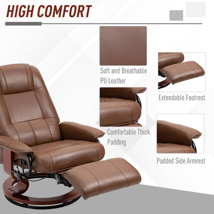 Faux Leather Manual Recliner Chair, Adjustable Swivel Lounge Chair with Footrest, Armrest and Wrapped Wood Base, Brown, HOMCOM