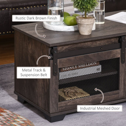 Coffee Table Farmhouse Dark Brown Sliding Mesh Barn Door Storage Living Room, HOMCOM, 4