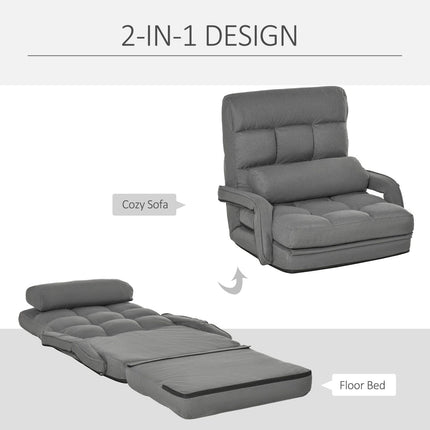 Convertible Floor Sofa Bed, Recliner Armchair Upholstered Sleeper Chair with Pillow, Grey, HOMCOM, 3