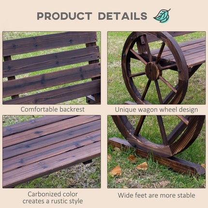 Wagon Wheel Bench Rustic 2-Person Outdoor Patio Carbonized Finish with Backrest, Outsunny, 4