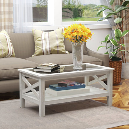 Farmhouse Coffee Table with Storage Shelf Tempered Glass Top White Oak for Living Room, HOMCOM, 1