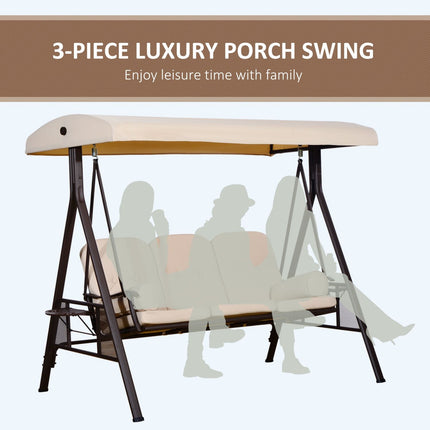 Patio Swing Sanctuary, 3-Seat, Canopy Shade, Removable Cushions, Side Trays in Beige Elegance, Outsunny, 4