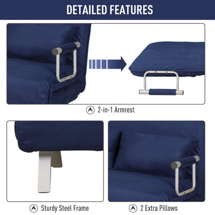 Sleeper Chair Bed Convertible Sofa 5 Position Adjustable Armchair with Pillows Blue, HOMCOM