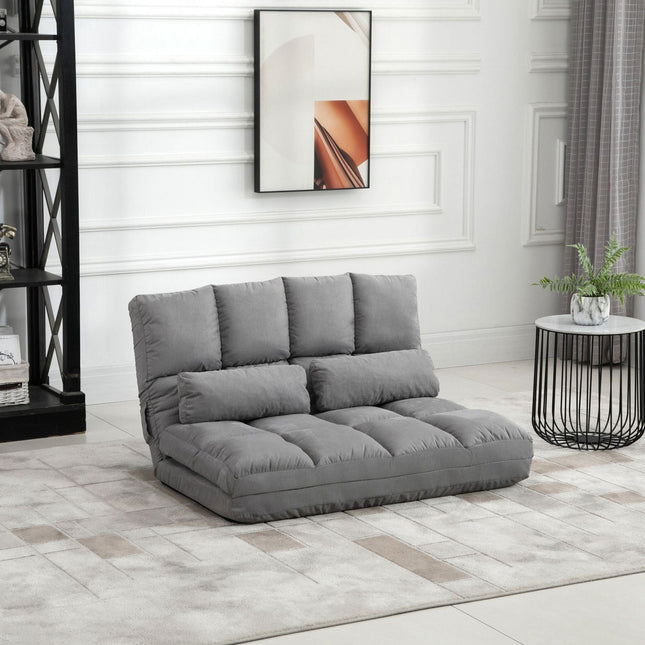 Folding Upholstered Couch Bed Gray Convertible Floor Sofa Chair Metal Frame Pillows, HOMCOM, 1