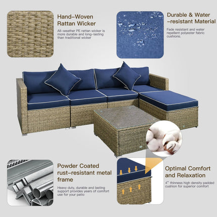 6pc Outdoor Rattan Sofa Set, Sectional Wicker Patio Furniture with Cushions & Coffee Table, Navy Blue, Outsunny, 4