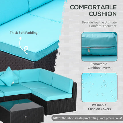 7-Piece Wicker Patio Conversation Set with Cushions & Glass Table, Turquoise, Outsunny, 4