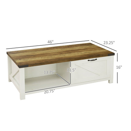 Farmhouse Coffee Table Drawer Storage Open Shelf White Oak for Modern Living Room, HOMCOM, 2