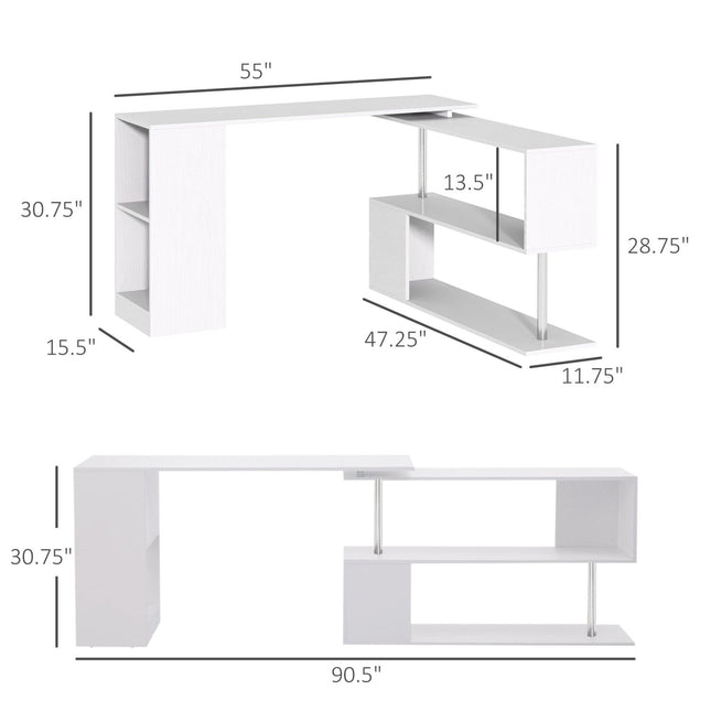 L-Shaped Desk 55inch, Rotating White Corner Computer Workstation with Storage, HOMCOM, 2