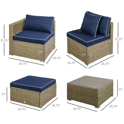 6pc Outdoor Rattan Sofa Set, Sectional Wicker Patio Furniture with Cushions & Coffee Table, Navy Blue, Outsunny, 2