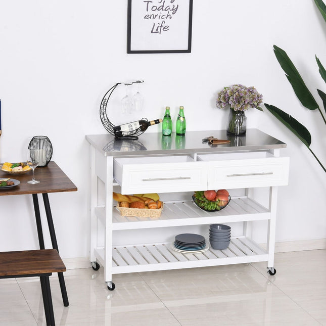 Kitchen Cart on Rollers with Stainless Steel Top, Rolling Kitchen Island Cart with Glass Door, White, HOMCOM, 1