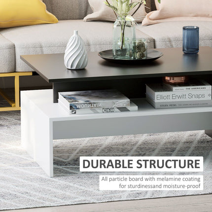 Modern Coffee Table Black/White 2-Tier Rectangular Center Table with Storage Shelves, HOMCOM