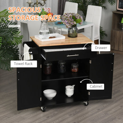 Portable Kitchen Storage Trolley Black with Magnetic Door Catch, Rubberwood Top on Wheels, HOMCOM