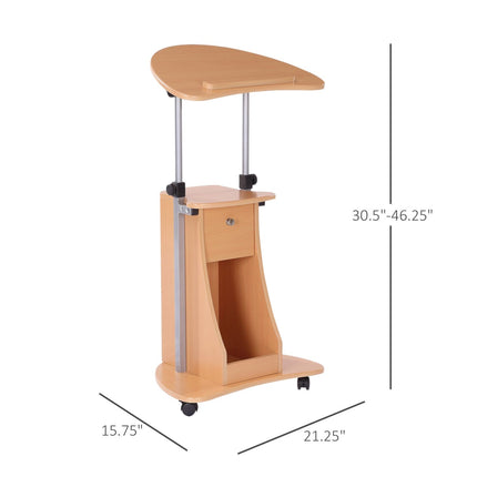 Sit-to-Stand Mobile Laptop Cart with Drawer Height Adjustable Beech Wood, HOMCOM, 2