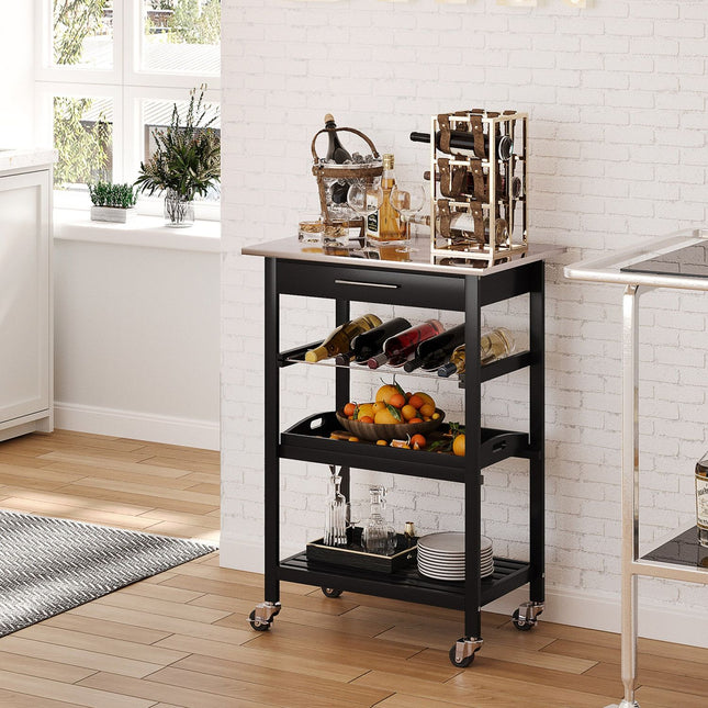 Versatile Kitchen Rover, Black Rolling Island with Stainless Top, Wine Rack & Shelves, HOMCOM, 1