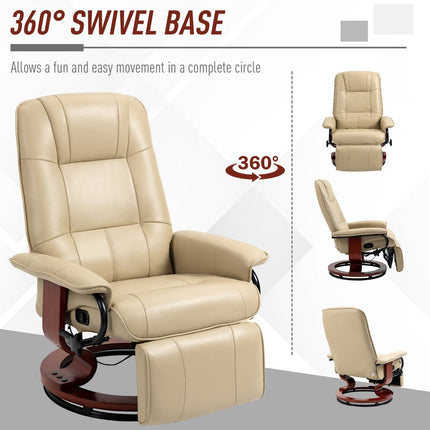 Faux Leather Manual Recliner, Adjustable Swivel Lounge Chair with Footrest, Armrest and Wrapped Wood Base, Cream White, HOMCOM, 4