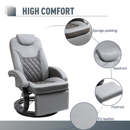 PU Recliner Reading Armchair with Footrest, Swivel Lounge Chair with Headrest, Wood Base Gray, HOMCOM