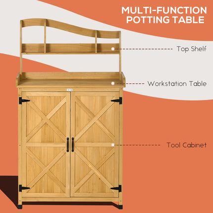 Outdoor Storage Cabinet & Potting Table, Wooden Gardening Bench with Patio Cabinet and Magnetic Doors, Yellow, Outsunny, 3